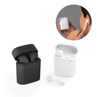 Black and white wireless earbuds with charging cases.