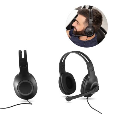 Black headset with microphone, worn by a user.