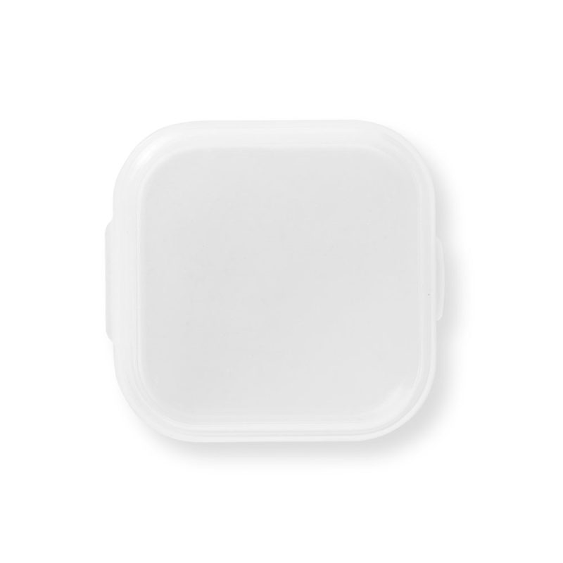 White plastic square food container with lid