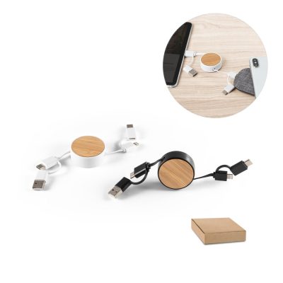 Bamboo USB charging cables with eco-friendly design.