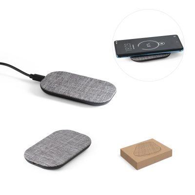 Wireless phone charger with fabric design and packaging.
