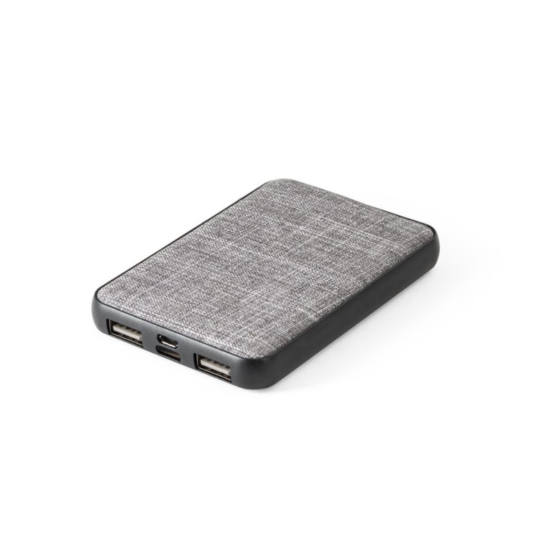 Portable grey power bank with multiple USB ports.