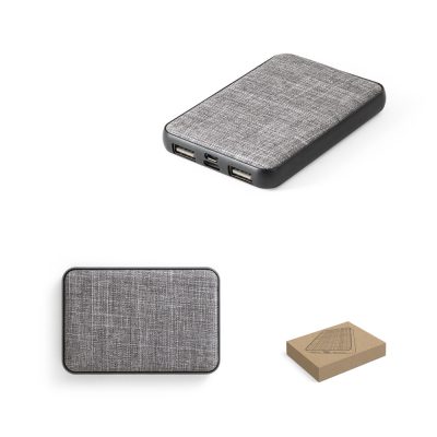 Grey fabric portable power bank with packaging.