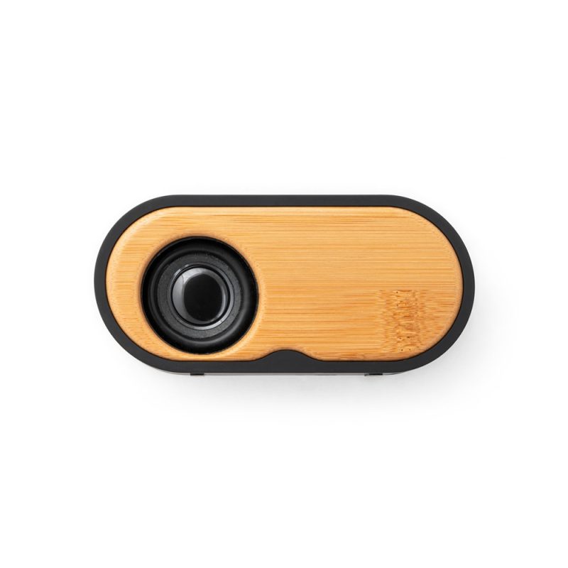 Bamboo wireless speaker with black trim.