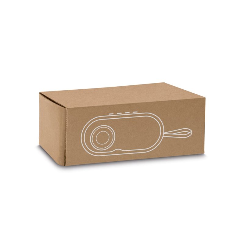 Brown cardboard box with minimalist speaker line art.