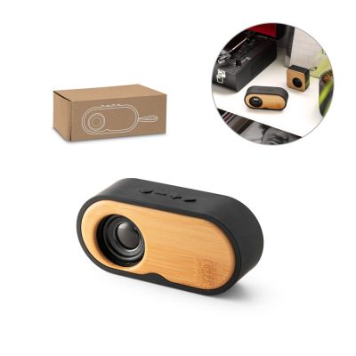 Compact bamboo and black wireless speaker with packaging.