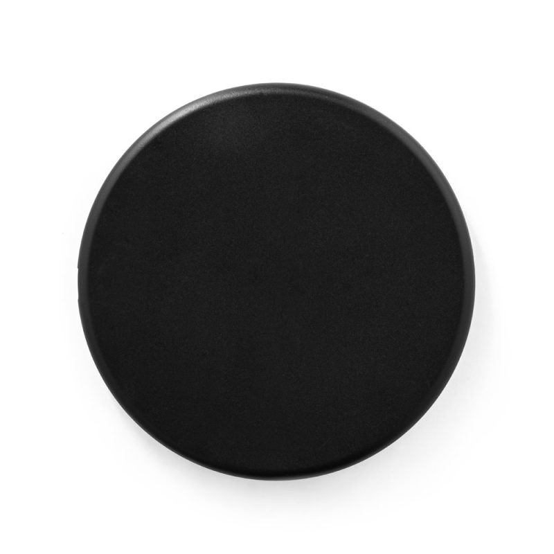 Black circular coaster on white background