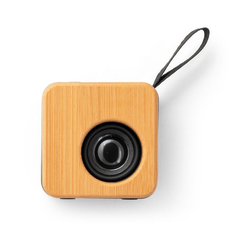 Square wooden portable speaker with black loop handle.