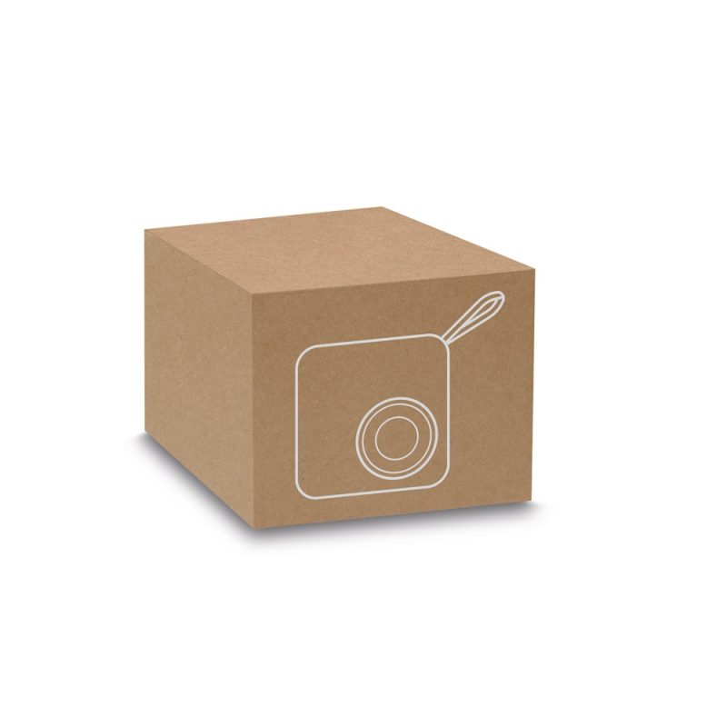 Brown cardboard box with white tape graphic.