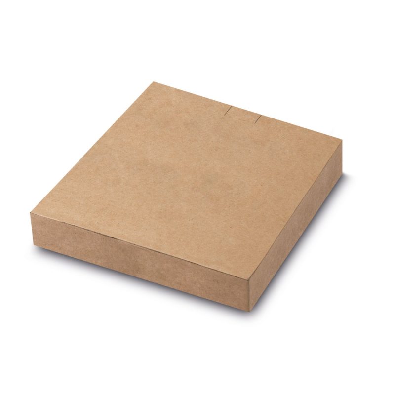 Brown cardboard pizza box, closed.