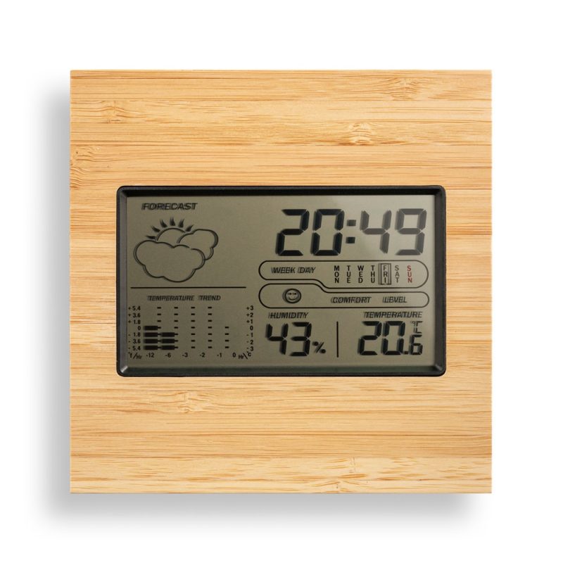 Bamboo digital weather station showing time, temperature, humidity.