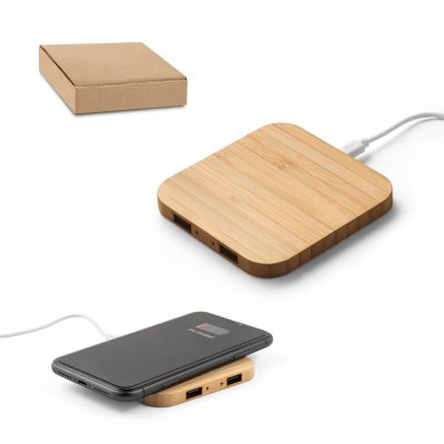 Bamboo wireless phone charger with USB ports.