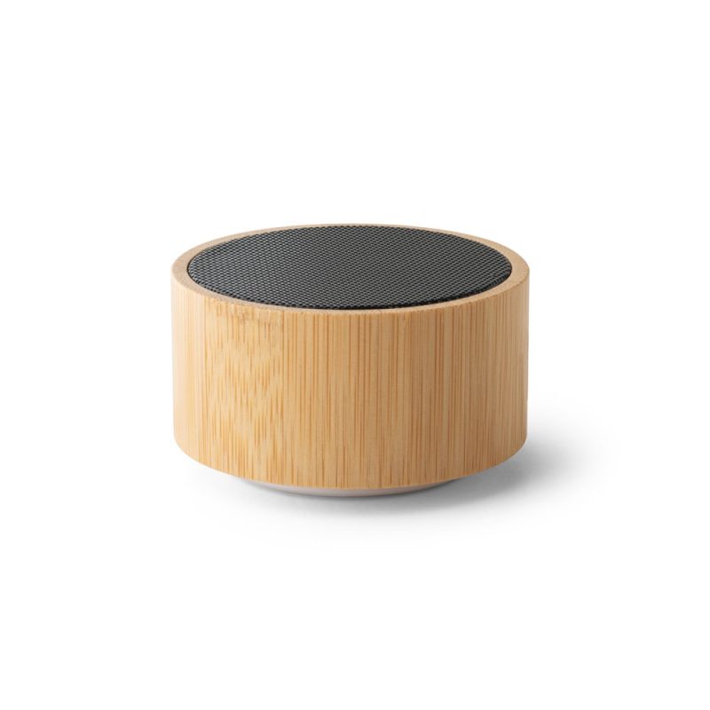 Bamboo and metal portable speaker on white background.