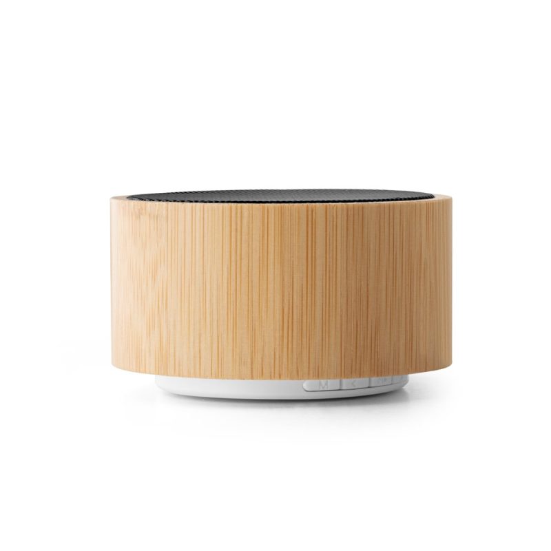 Bamboo Bluetooth speaker with black grille design.