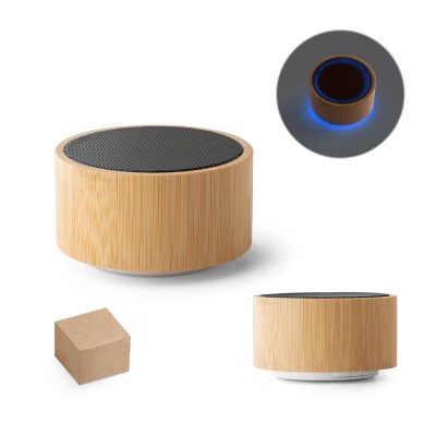 Bamboo Bluetooth speaker with blue LED light.
