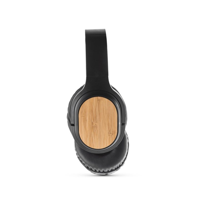 Black over-ear headphones with bamboo accents