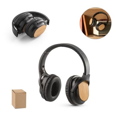 Black headphones with wooden accents, boxed accessory.