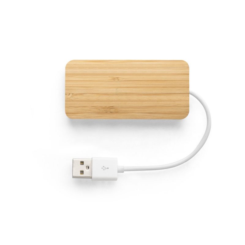 Bamboo USB charger with cable on white background.