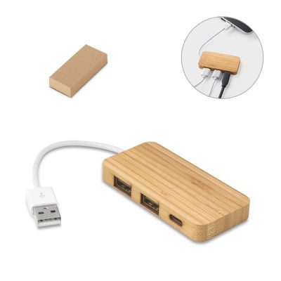 Bamboo USB hub with multiple ports.