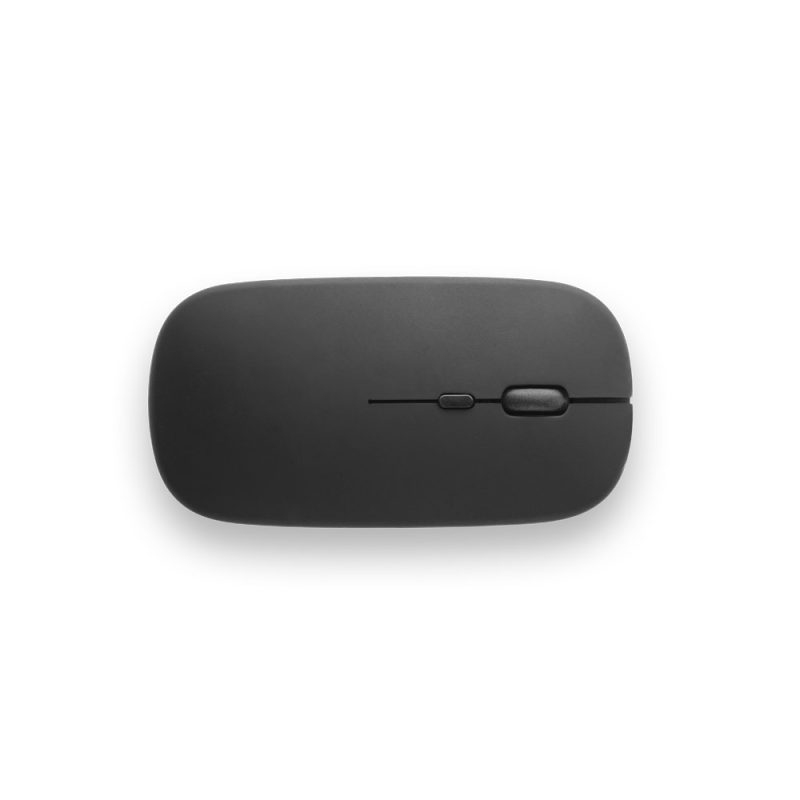 Black wireless computer mouse on white background.