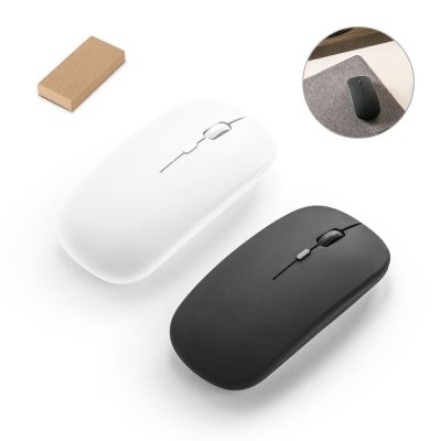 Black and white wireless computer mice on display.