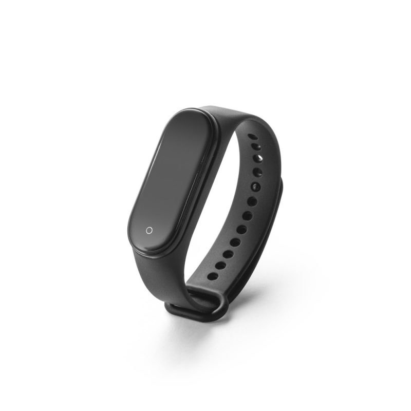 Black smart fitness tracker with wristband.