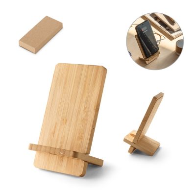 Bamboo phone stand with packaging and phone display.