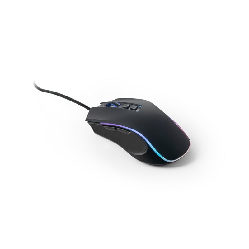 Black gaming mouse with RGB lighting on white background.