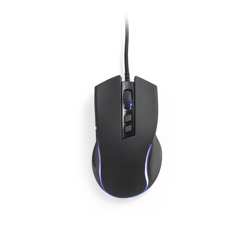 Black gaming mouse with illuminated blue accents