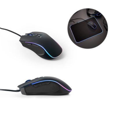 Gaming mouse with RGB lighting and mouse pad.