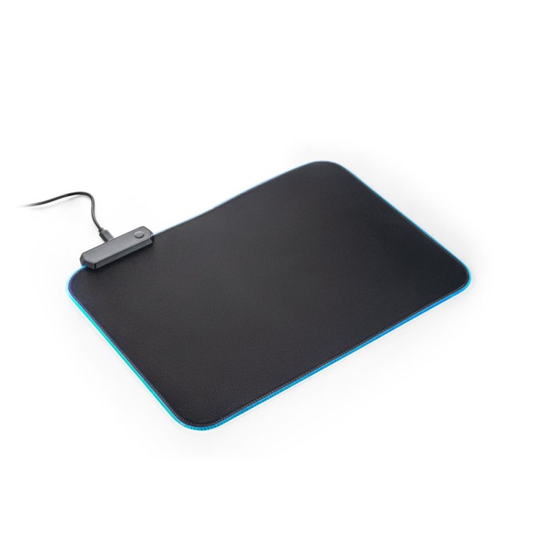 Black gaming mouse pad with light edges and cable.