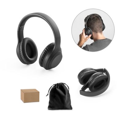 Black wireless headphones with accessories
