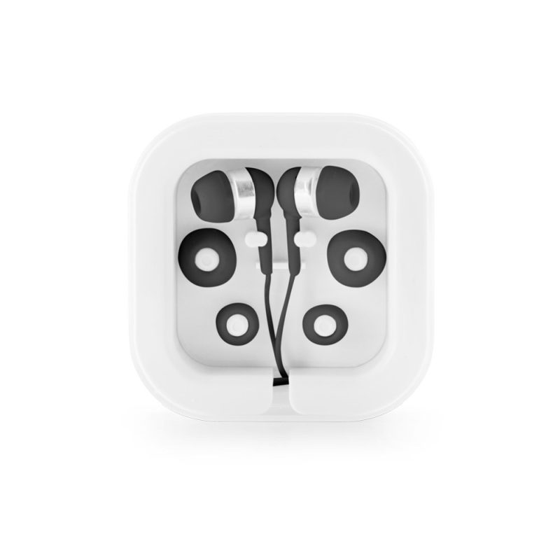 Black earphones in a white case