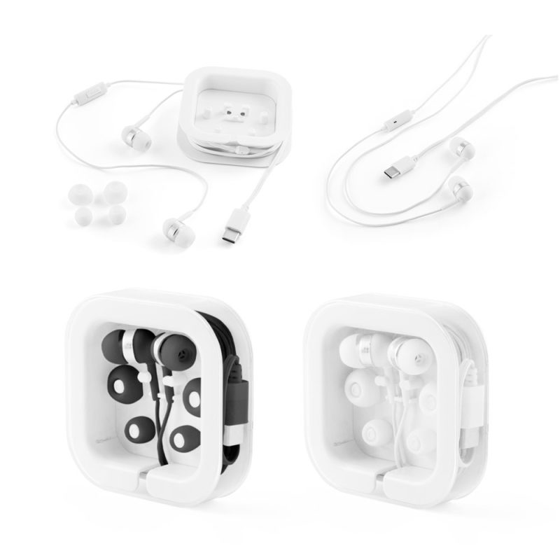 White earphones with USB-C connector and carrying case.