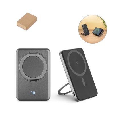 Portable wireless charger with stand feature displayed.