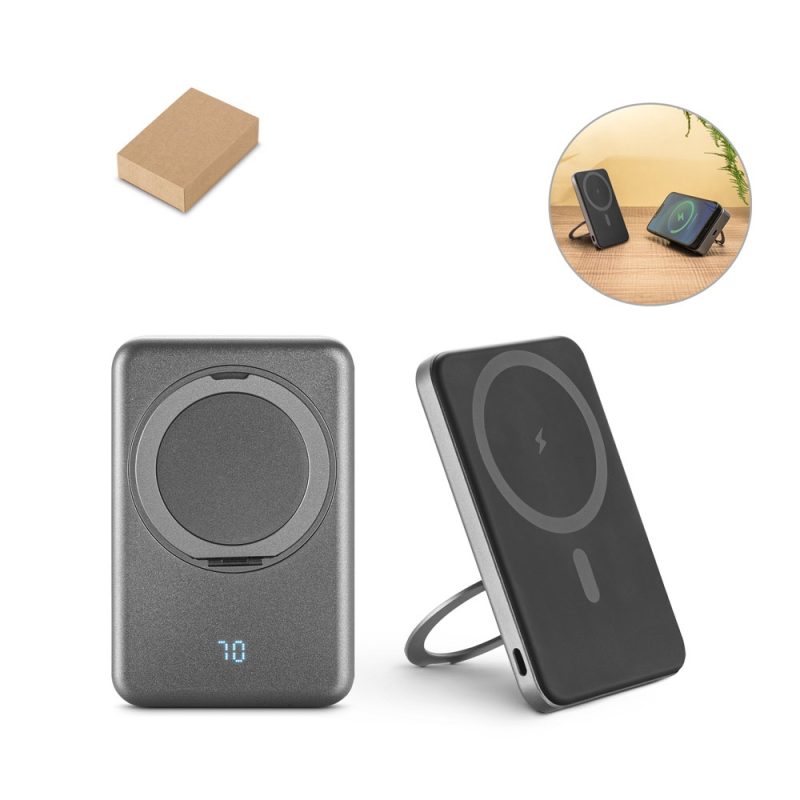 Portable wireless charger with stand feature displayed.
