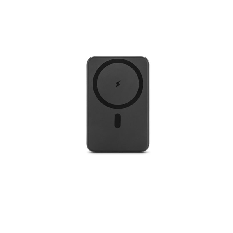 Black magnetic wireless charger on white background.