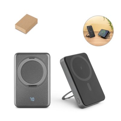 Portable magnetic wireless charger with stand and LED display.