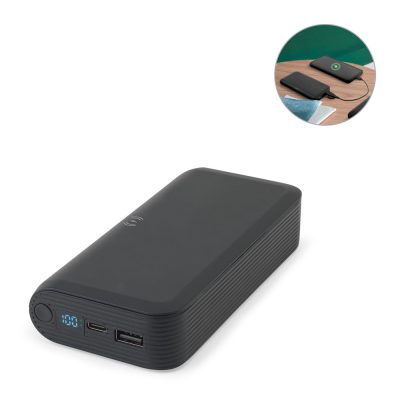 Black portable power bank with wireless charging feature.