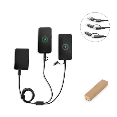 Portable charger with two phones and charging cables.
