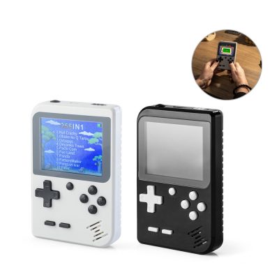 Retro handheld gaming consoles, black and white versions.