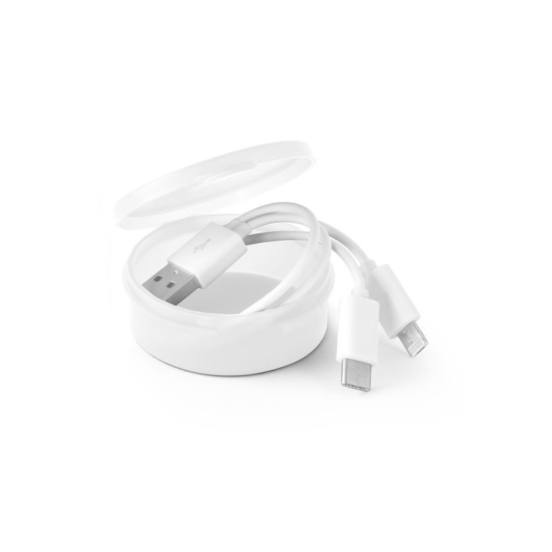 White multi-connector USB charging cable in case.