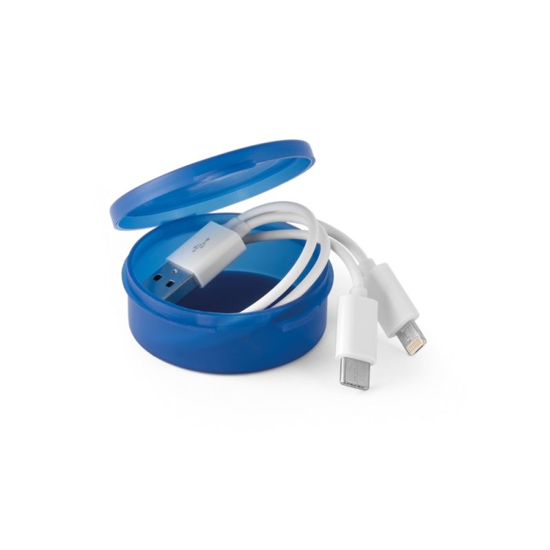 Blue case with USB charging cables inside.