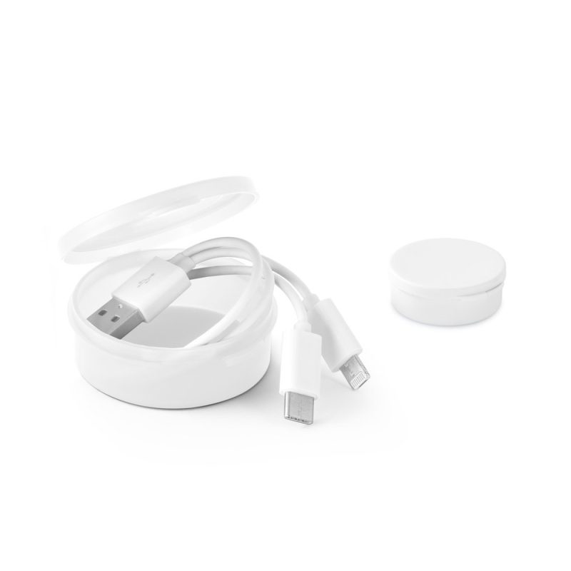 USB charging cable with round storage case.