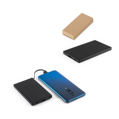 Power bank charging a blue smartphone.