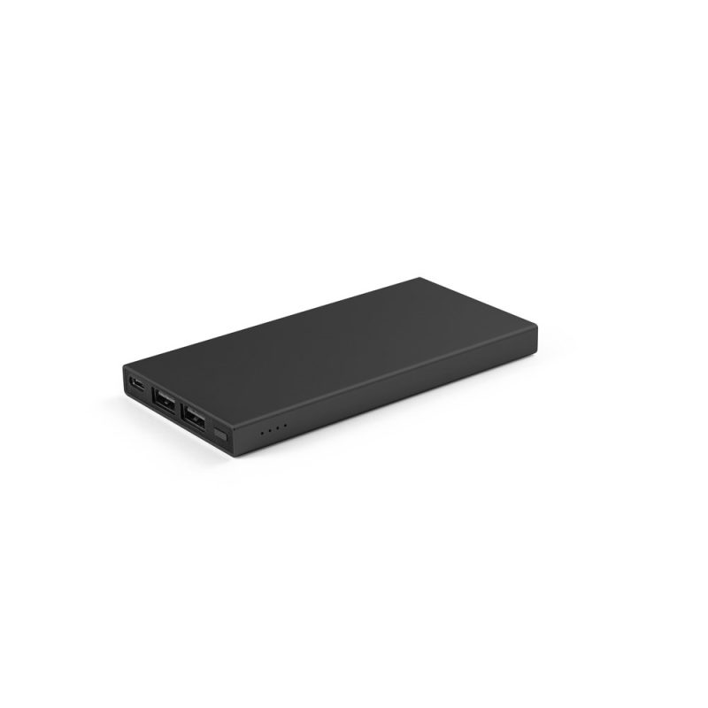 Slim black portable power bank with USB ports.