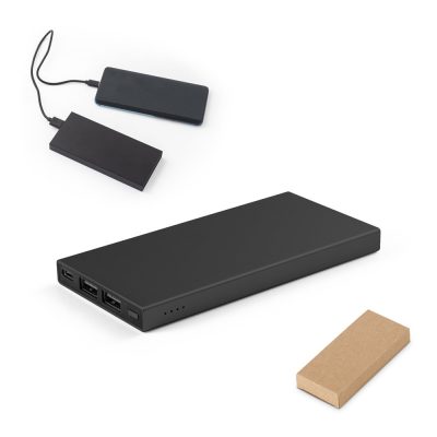 Black rectangular power bank with charging cable and box.