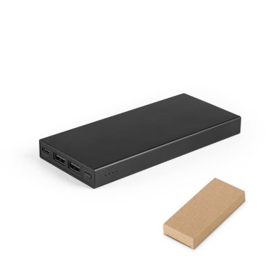 Black power bank with cardboard packaging.