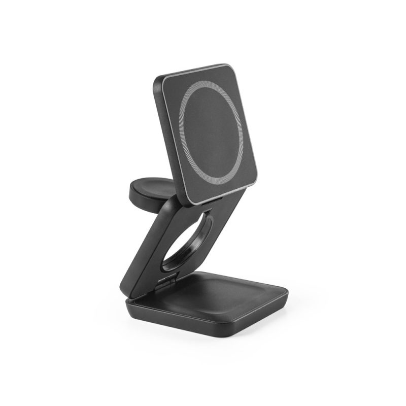 Black wireless charging stand for smartphones.