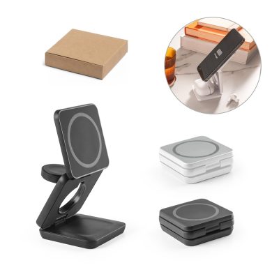 Wireless phone charger with foldable stand and packaging.
